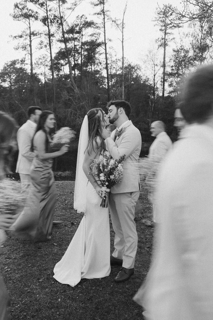 Destination elopement photographer captures bride and groom kissing while bridal party walks 