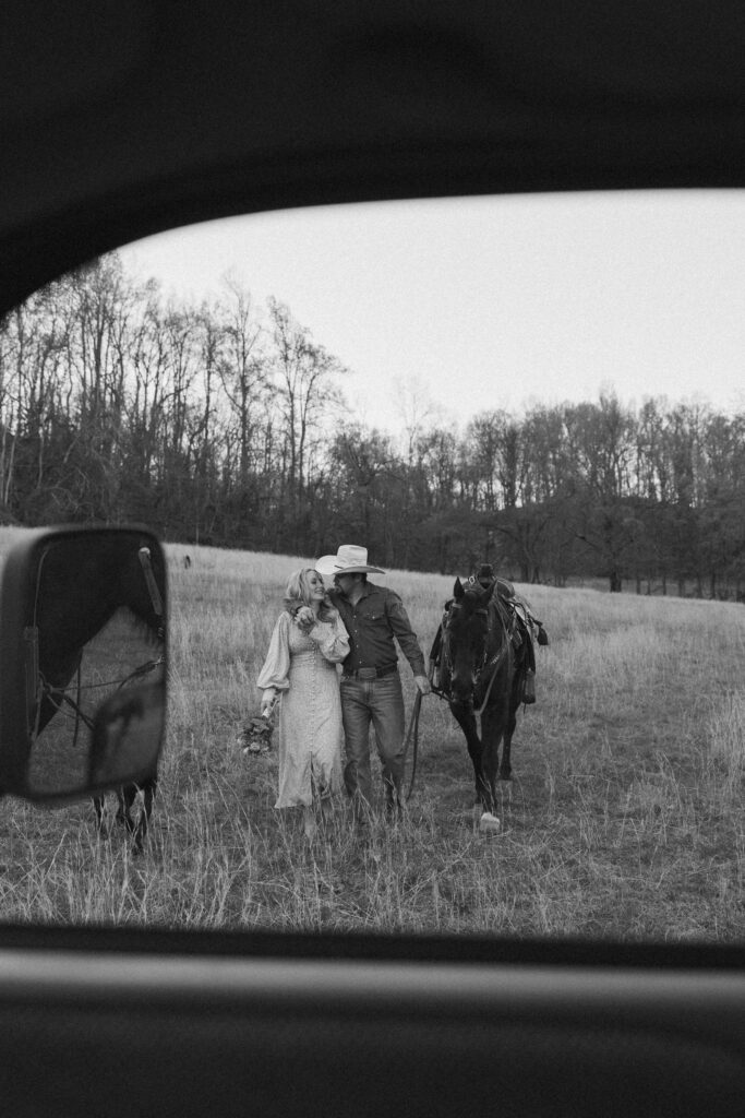 Western themed engagement session with horses