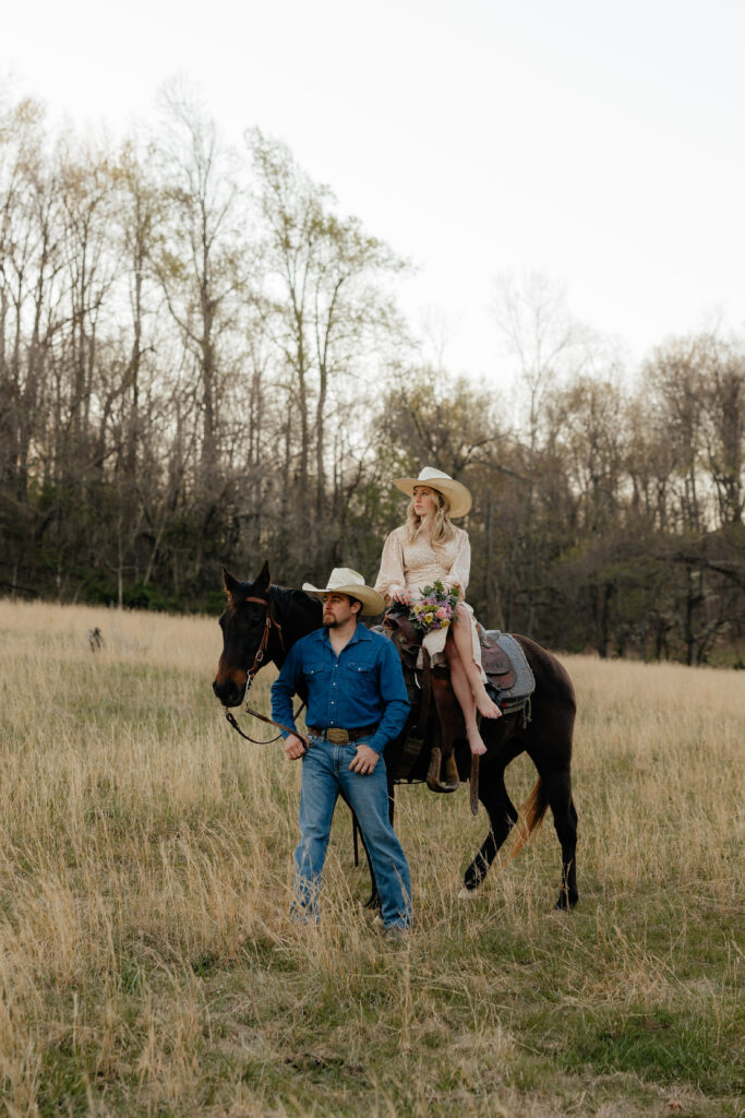 Western themed engagement session with horses